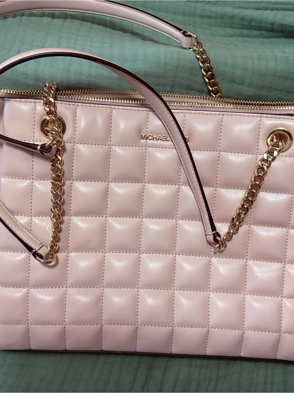 Michael Kors Blush Quilted Tote with Gold Chain Handles